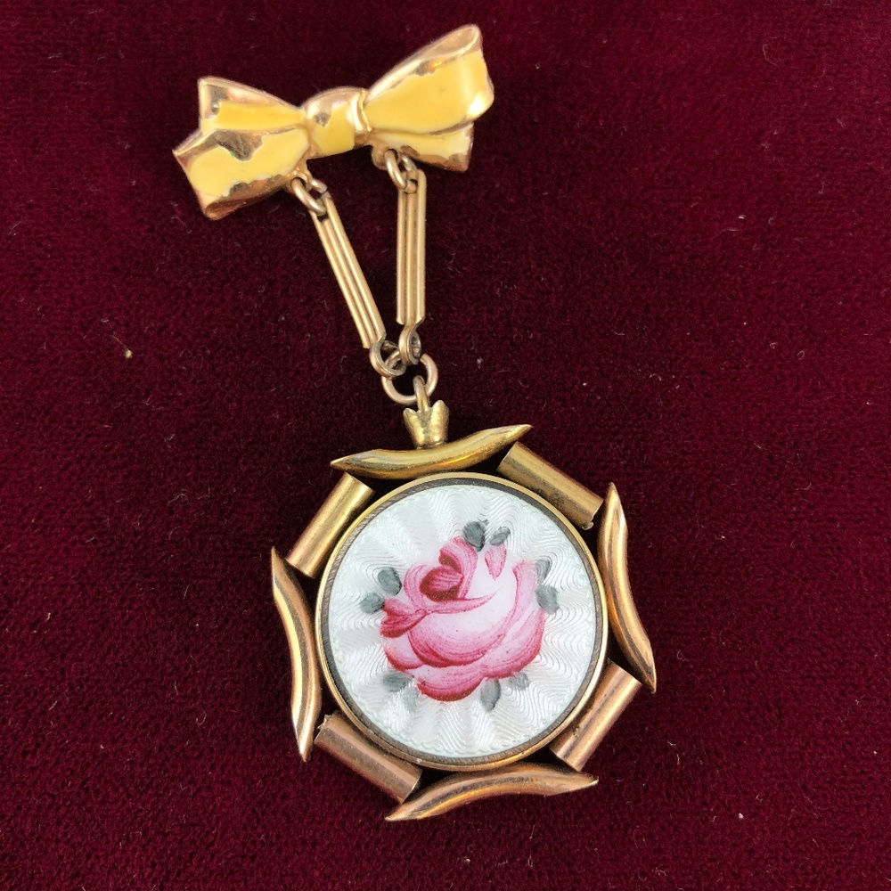 Vintage White Guilloche Enamel Pink Rose Locket